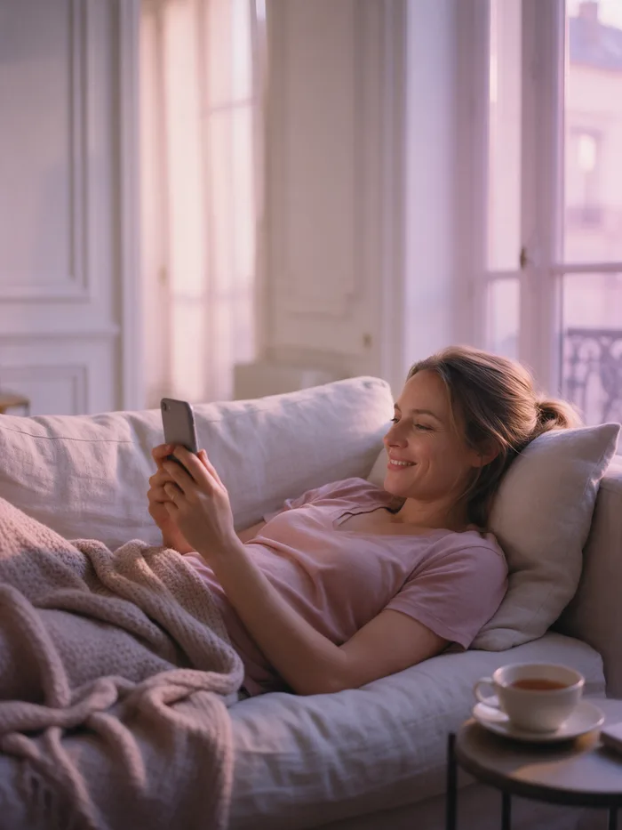 Une femme allongée sur un canapé près d'une fenêtre, une tasse de thé à côté d'elle, sourit en regardant son téléphone.