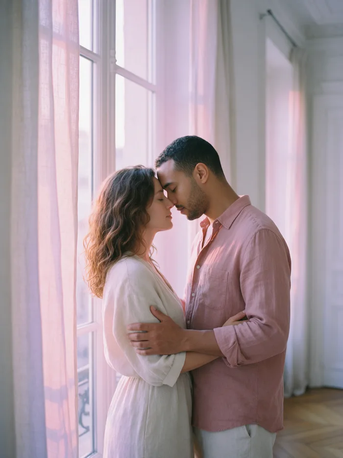 Un couple enlacé devant une grande fenêtre d'appartement, front contre front, les yeux fermés, dans la lumière du matin.