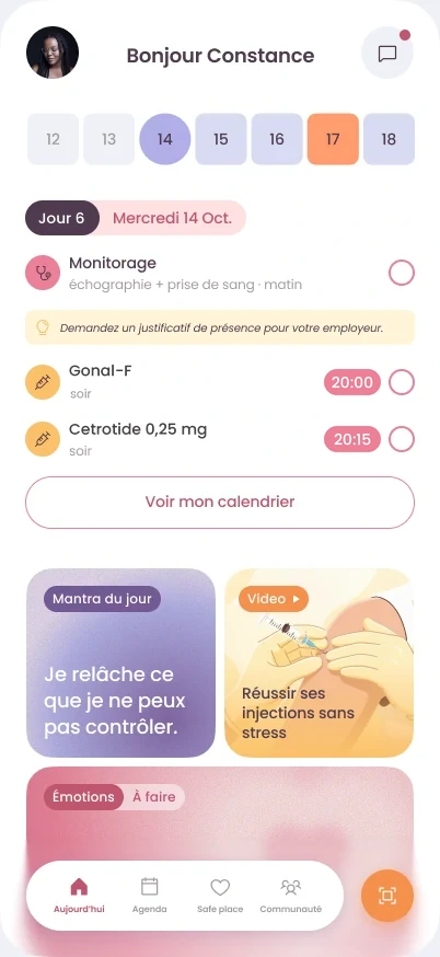 Écran Aujourd'hui : jour 6 du protocole, monitorage du matin, Gonal-F et Cetrotide le soir avec leur heure, à cocher.