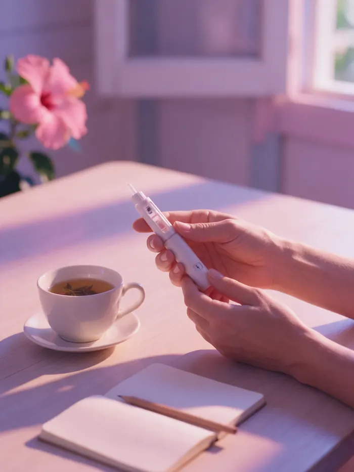 Des mains tiennent un stylo d'injection sur une table, à côté d'une tasse de tisane et d'un carnet ouvert.